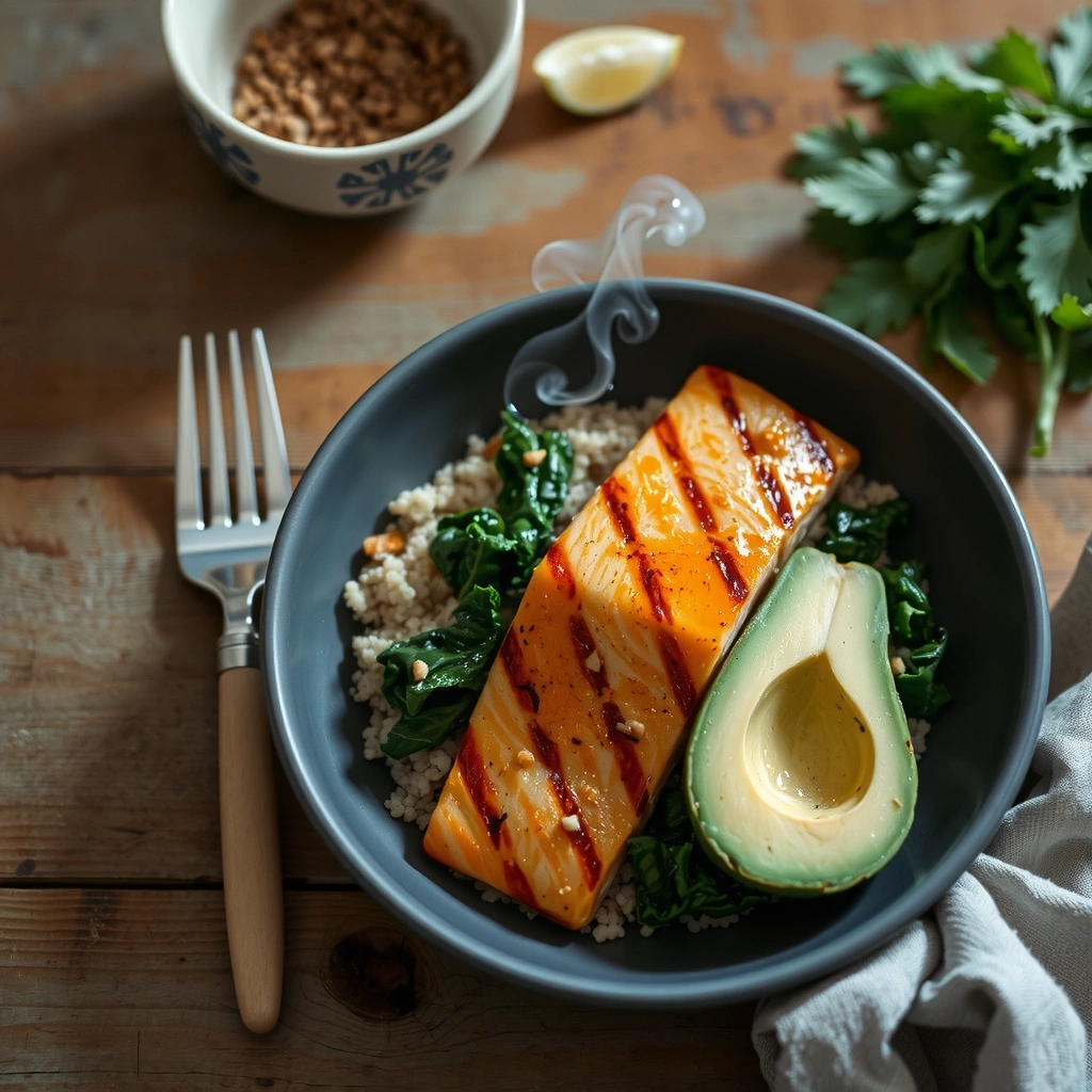 จานอาหารสมดุล ประกอบด้วยโปรตีน คาร์โบไฮเดรตเชิงซ้อน และผักใบเขียว